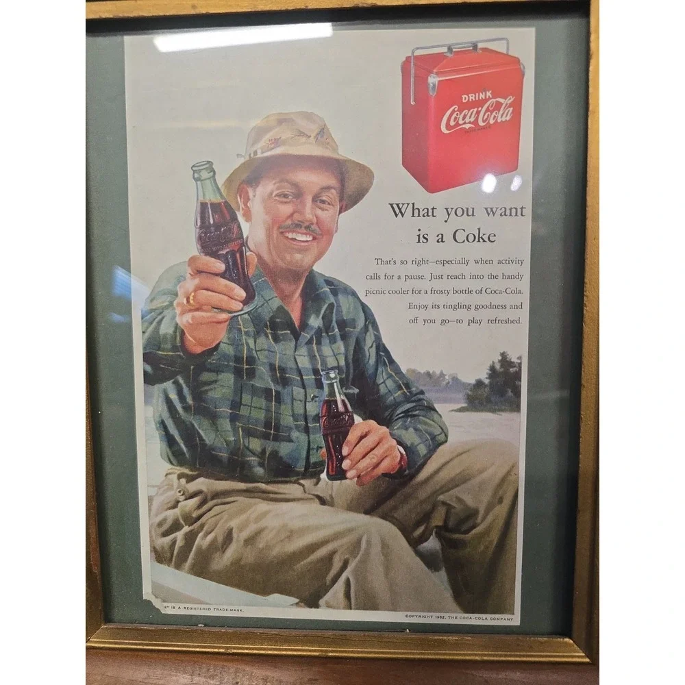 Vintage 1952 Coca-Cola Framed Magazine Ad Picnic Cooler Man Fishing Wood Frame